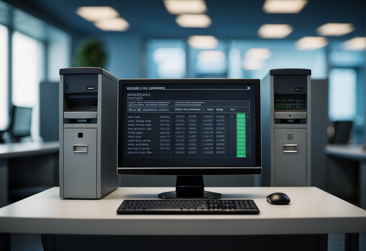 A computer screen displaying a secure data erasure process with a progress bar and a checklist of data erasure policies on a desk with a locked filing cabinet in the background