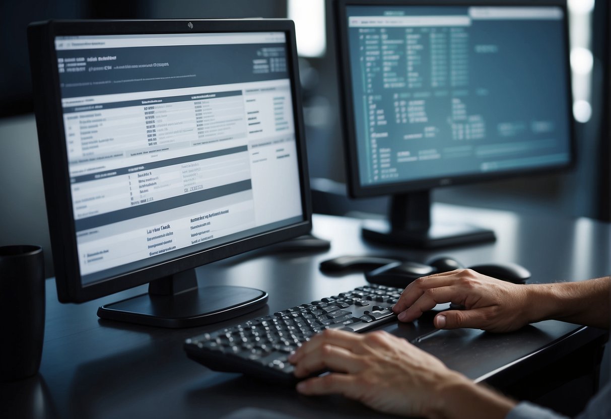 A desk with a computer, documents, and a data erasure policy displayed. A person's hand presses a button on the computer