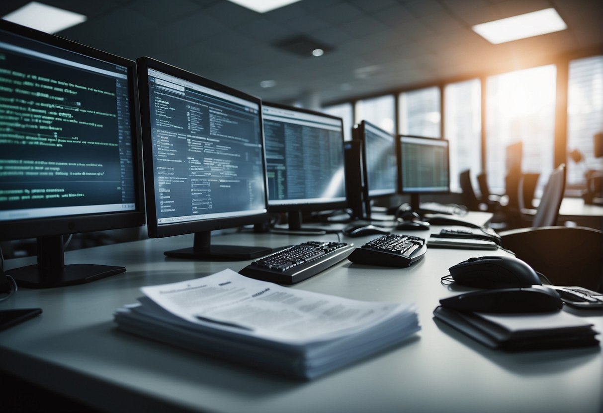 A paper trail of audit logs and data erasure policies being implemented in an organized office setting with computers and filing cabinets