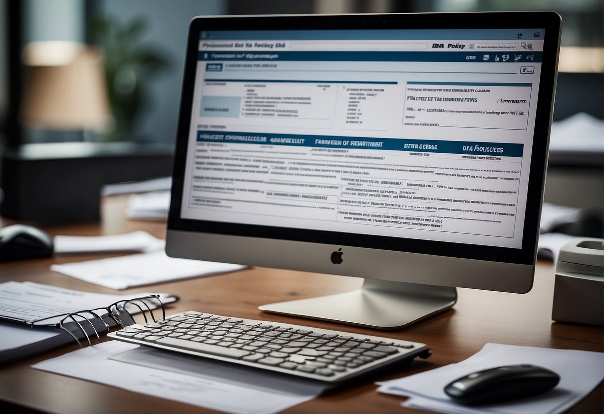 An office setting with a computer monitor displaying a data erasure policy document, a file shredder icon on the screen, and a stack of paper documents labeled "FAQs Implementing Data Erasure Policies."