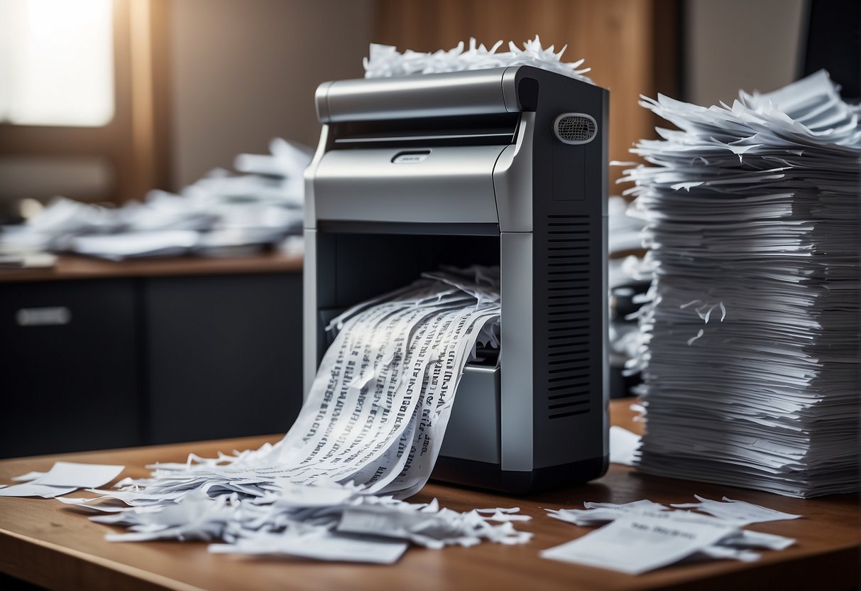 A shredder machine obliterates stacks of outdated documents, ensuring strict adherence to data erasure policies for organizational data security