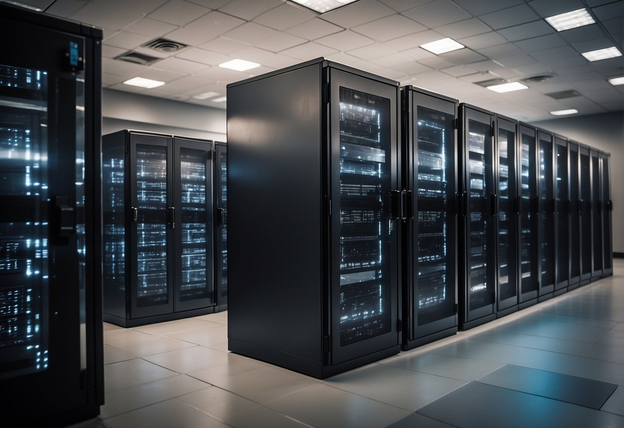 A secure facility with locked cabinets and servers, where data erasure policies are visibly posted and actively implemented for organizational data security