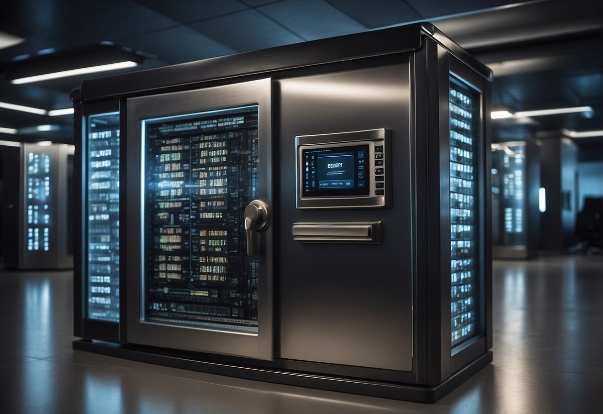 A secure vault with data erasure policies displayed, surrounded by organizational data security measures. Policy implementation evident