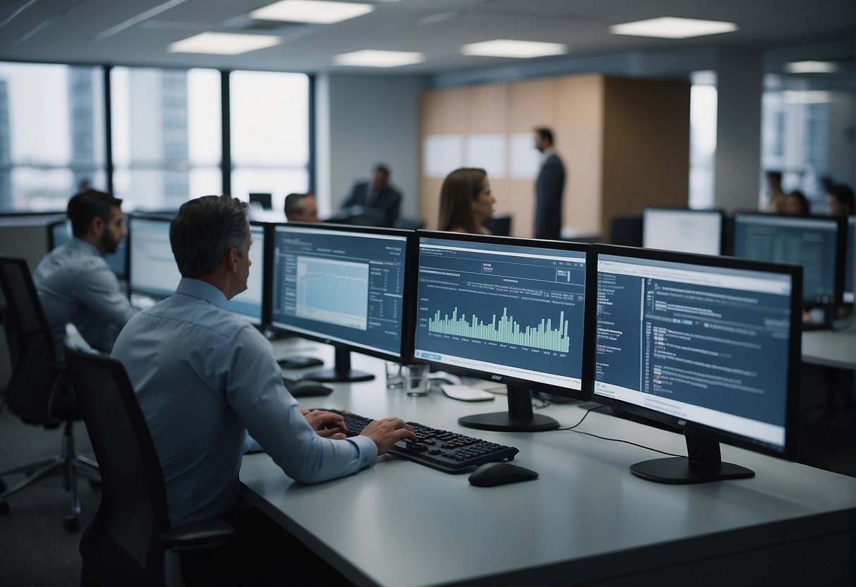 An office setting with a computer screen displaying data erasure policies, while employees discuss organizational data security during a policy implementation meeting