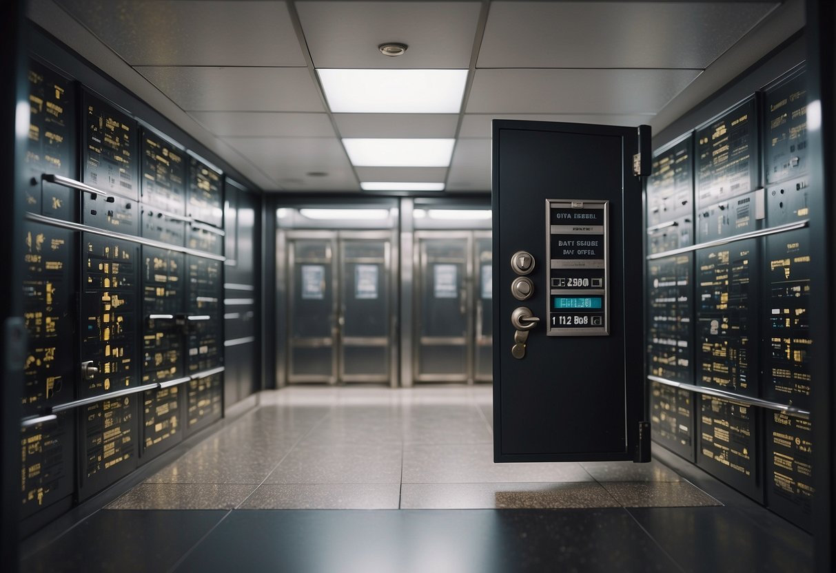 A locked vault door with "Data Erasure Policies" written on it, surrounded by security cameras and warning signs