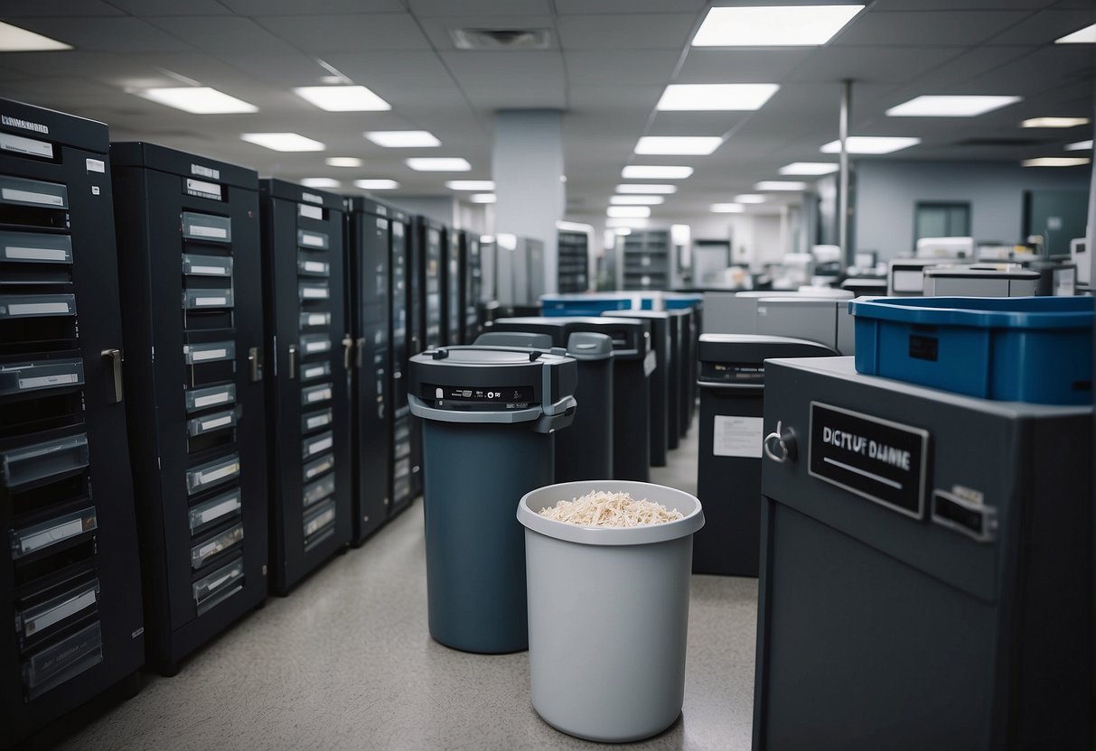A secure facility with labeled data disposal bins, a shredding machine, and a team implementing data erasure policies