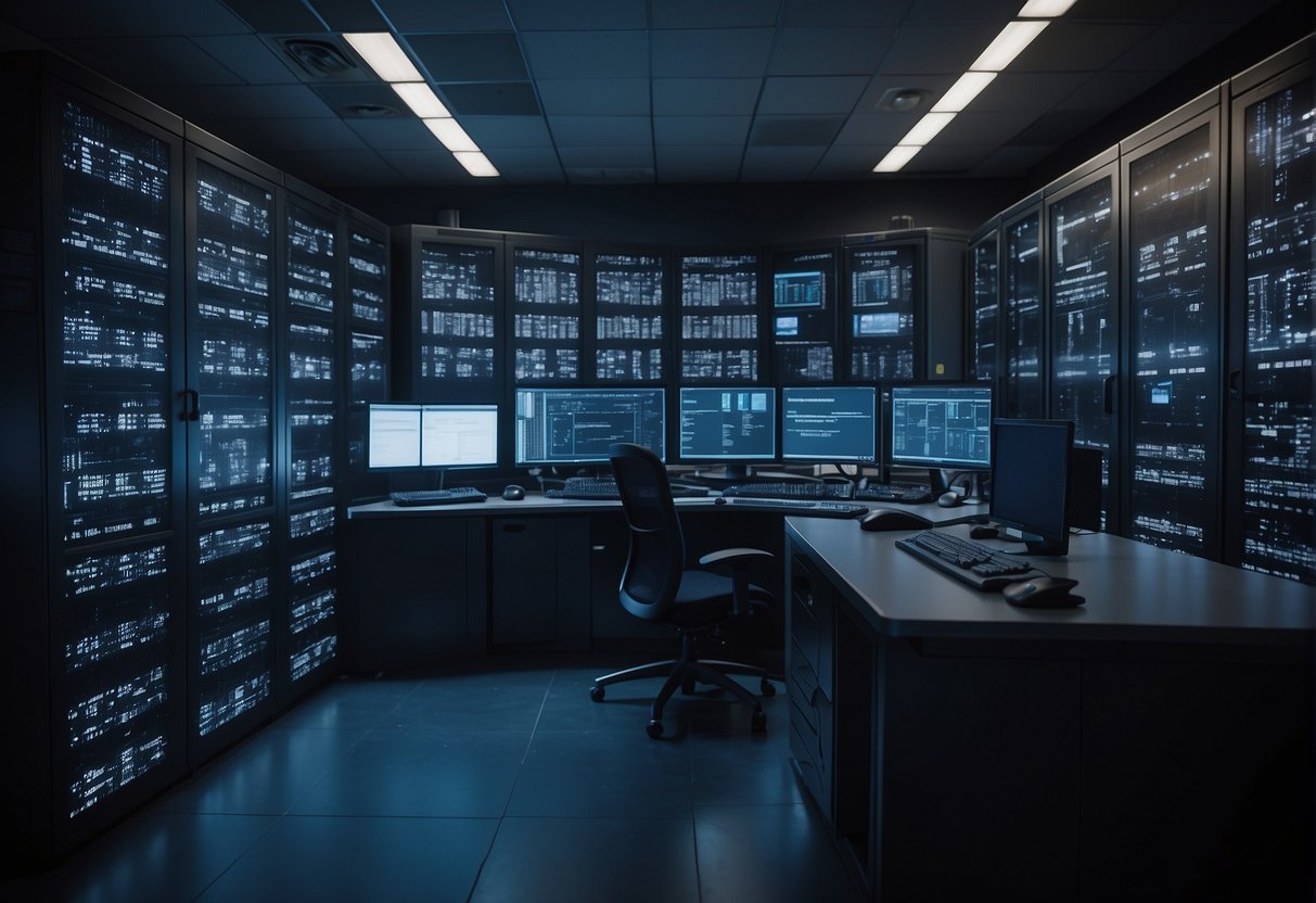 A secure server room with data erasure policies displayed on screens, security measures in place, and staff implementing the organizational data security policy