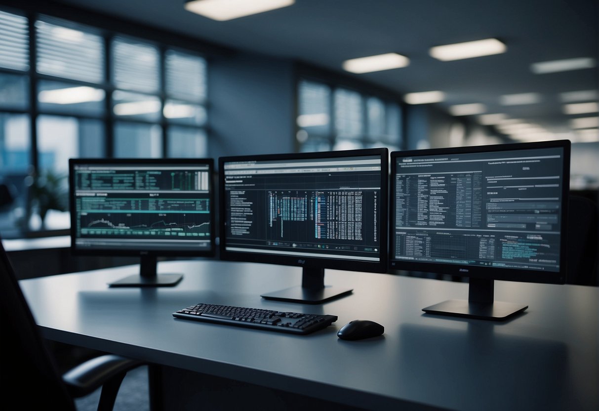 An office setting with a computer monitor displaying data erasure policies, while a security policy document is being implemented and monitored
