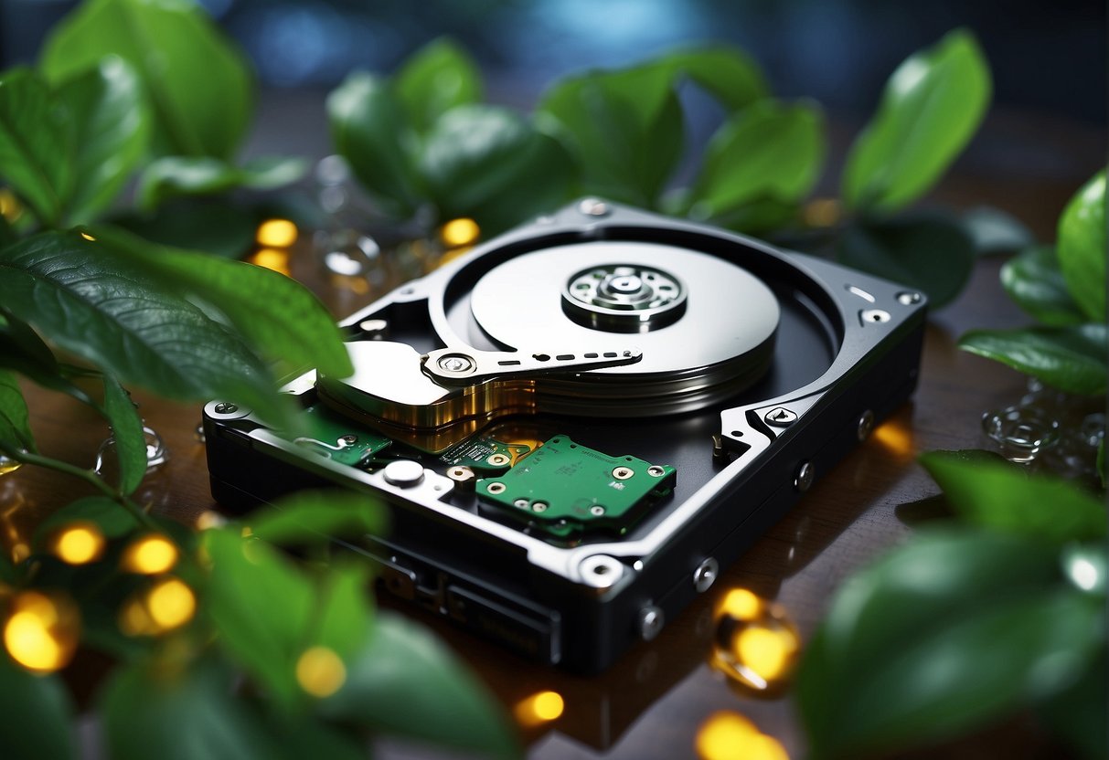 A computer hard drive being securely wiped clean, surrounded by green environmental symbols and corporate logos