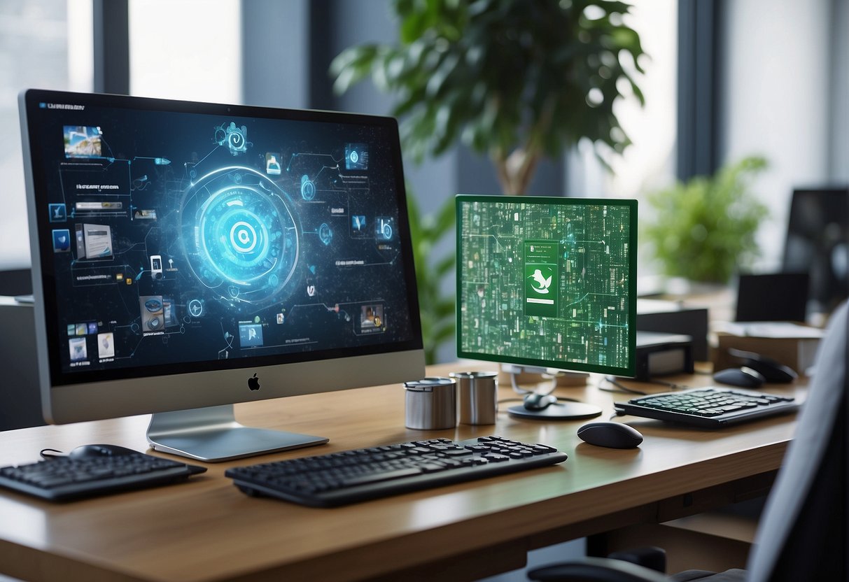 A computer being wiped clean with a data erasure software, surrounded by images representing corporate social responsibility (CSR) such as recycling symbols and sustainable energy icons