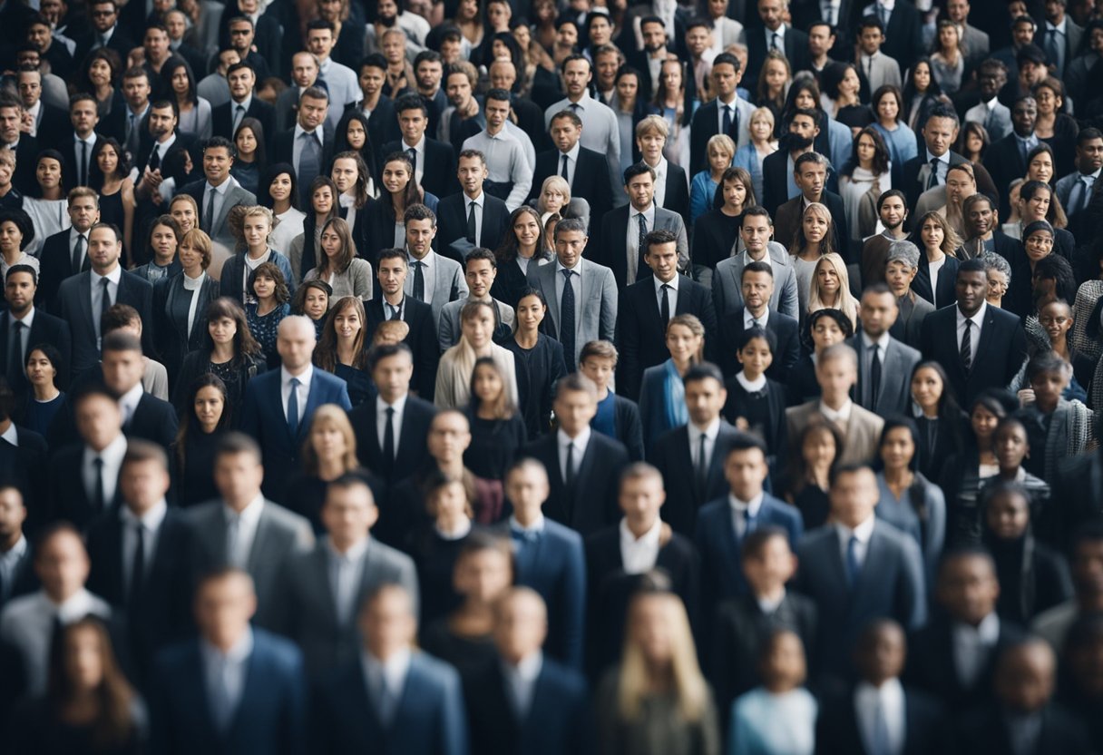 A figure stands alone in a crowded room, feeling detached from their surroundings. The world around them blurs as they struggle to connect with reality