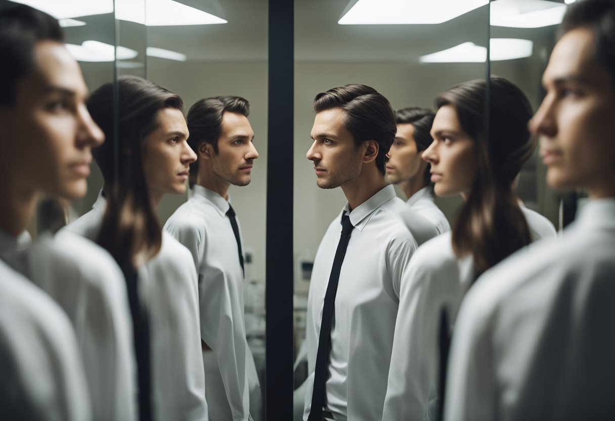 A person surrounded by multiple mirrors, each reflecting a different image of themselves, creating a sense of disconnection and confusion