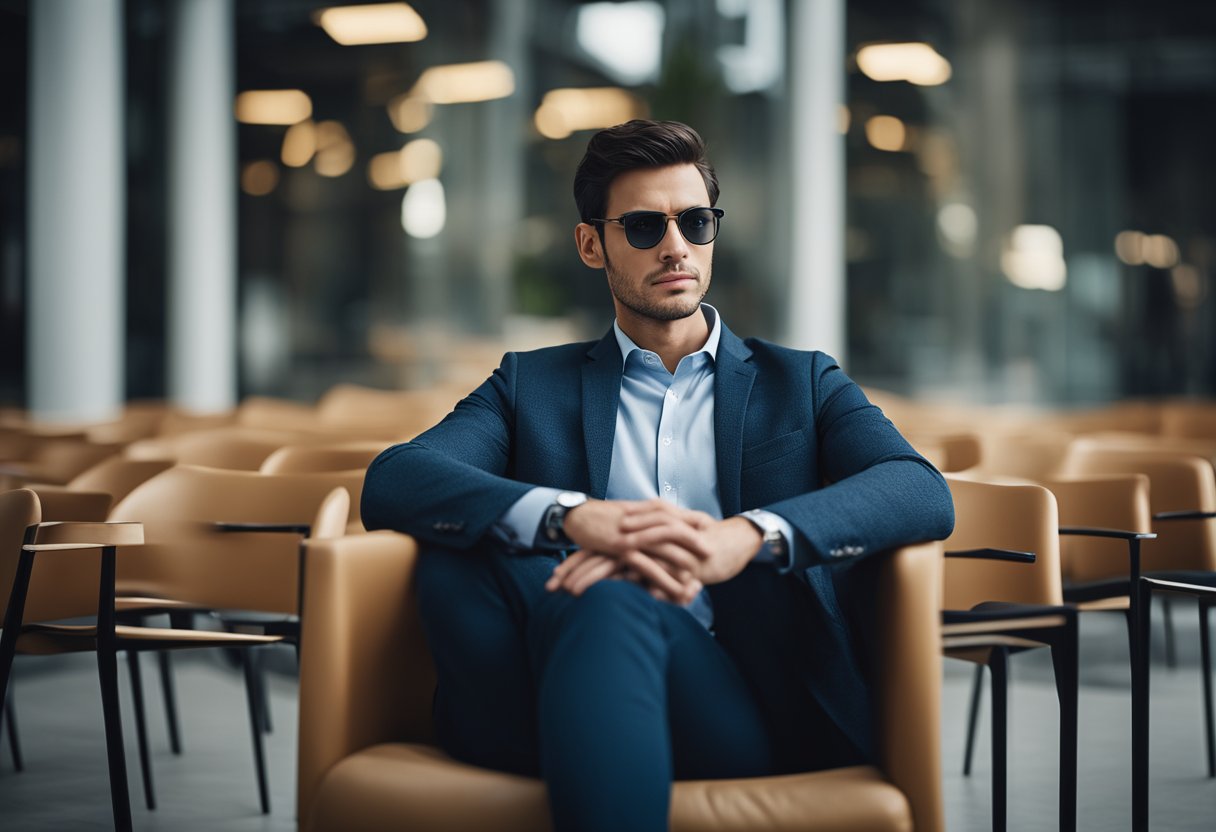 A person sitting in a chair, staring blankly ahead, with a distant expression and disconnected body language