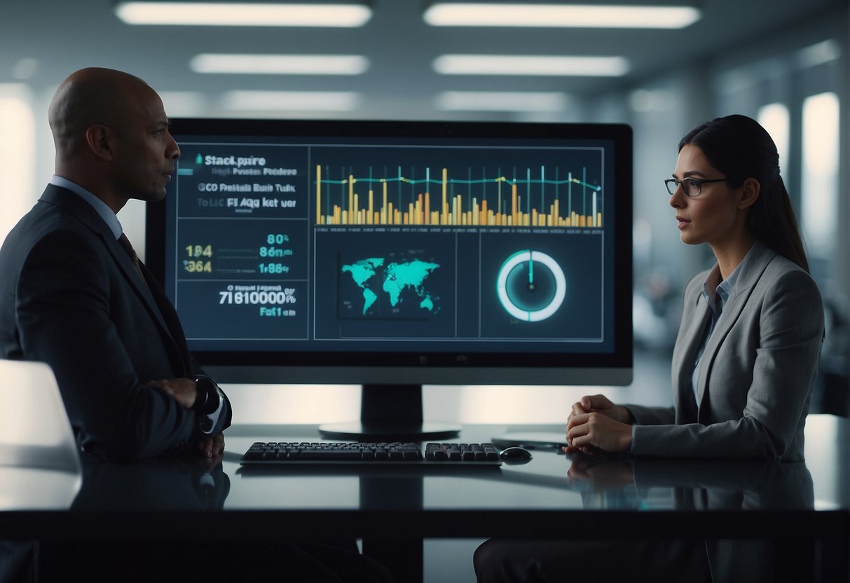 A computer screen displaying a progress bar indicating data erasure, while a group of stakeholders observe with concern and anticipation