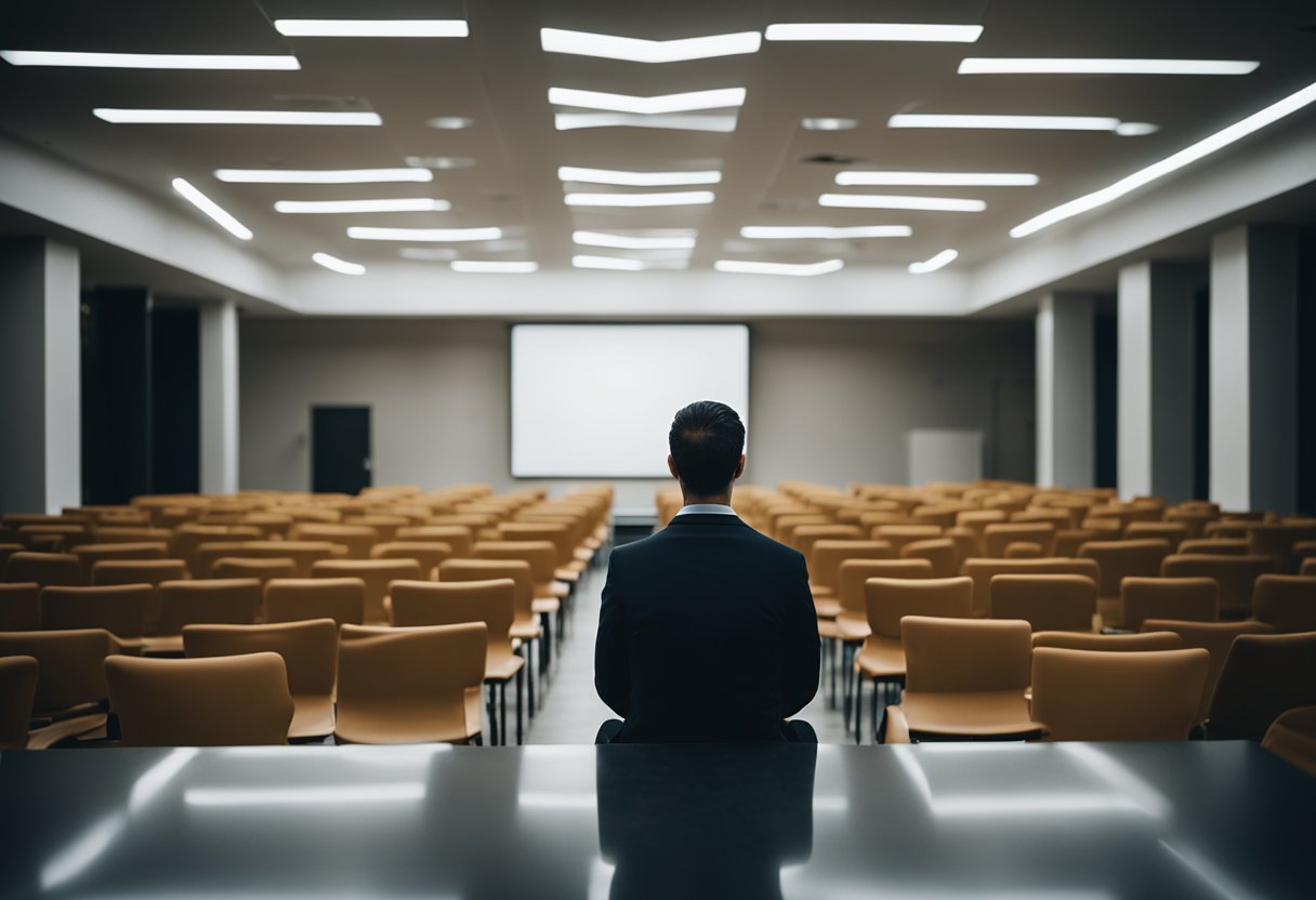 A person sitting alone in a dimly lit room, surrounded by empty chairs, staring blankly ahead with a distant look in their eyes