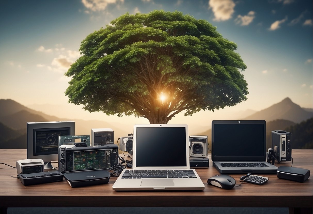 A tree surrounded by various technological devices being erased, with a clear link to CSR and environmental benefits