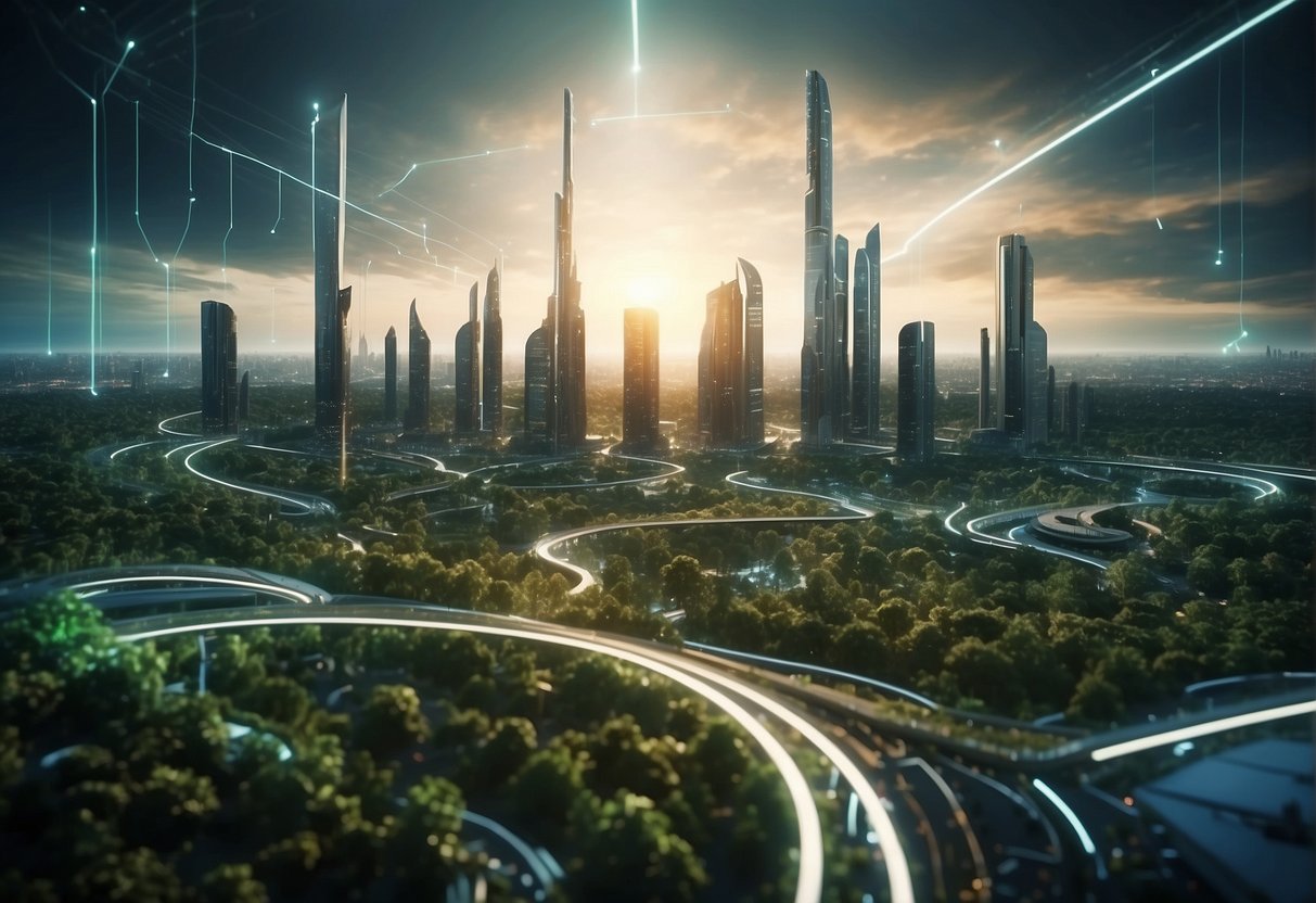 A futuristic cityscape with data servers and technology intertwined with green spaces, showcasing the link between technological progress and corporate social responsibility