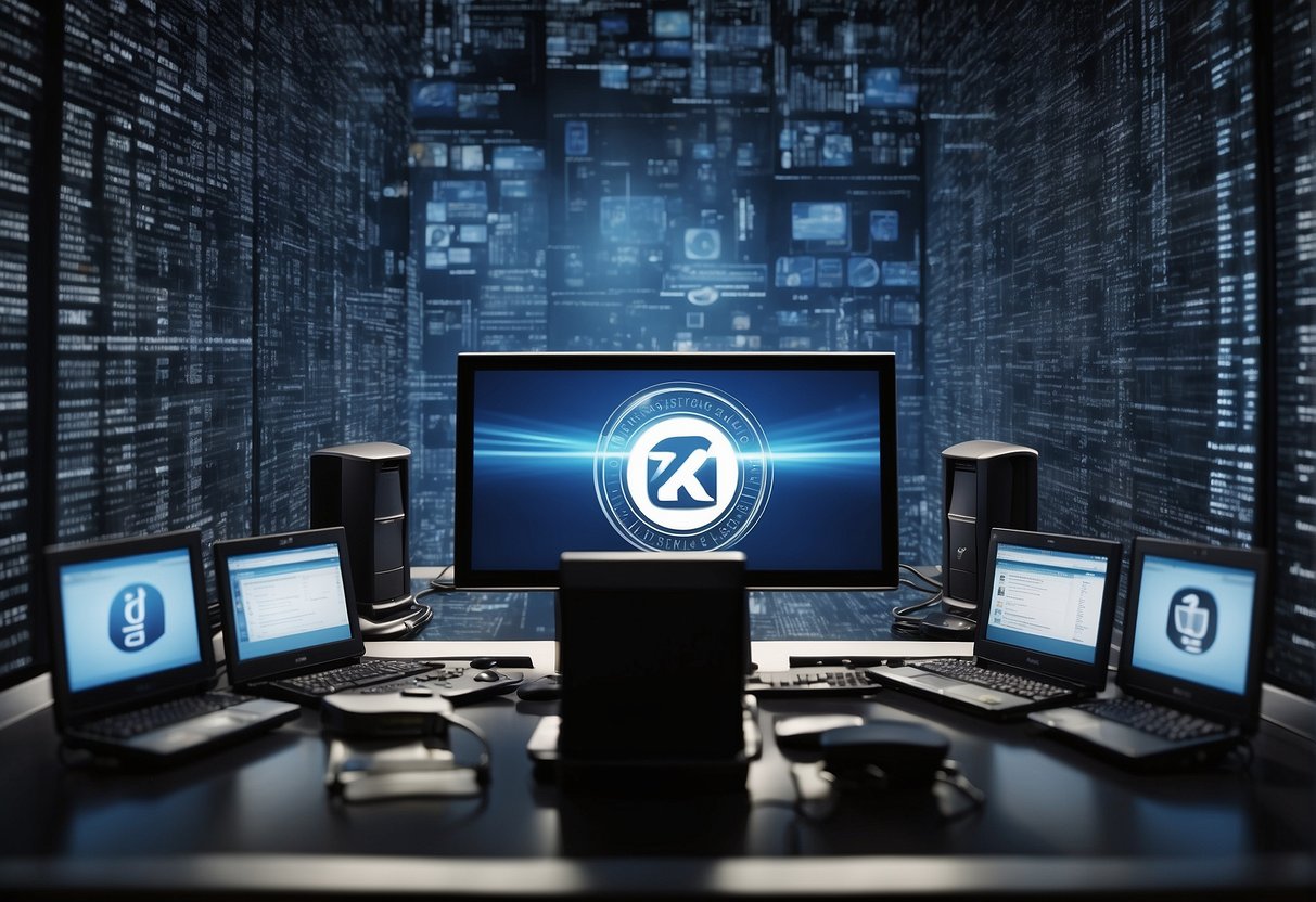 A computer being wiped clean of data, surrounded by logos of companies and keywords related to CSR and corporate responsibility