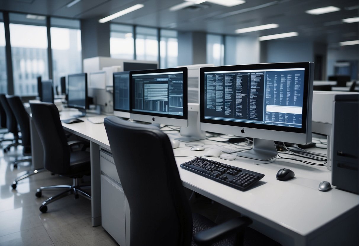 A corporate office scene with a computer being wiped clean, surrounded by CSR posters and data erasure tools
