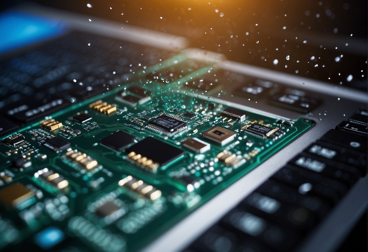 A computer being wiped clean of data, with a CSR logo displayed, symbolizing corporate responsibility in digital transformation