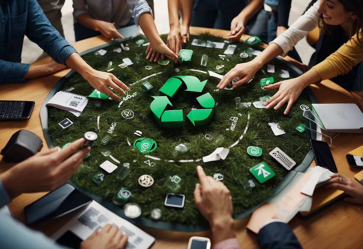 A company logo surrounded by recycling symbols, a data erasure machine, and a group of diverse people working together