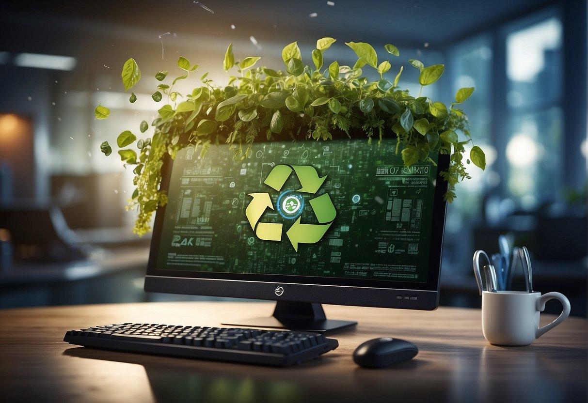 A computer being wiped clean, surrounded by eco-friendly symbols and recycling logos, representing the concept of data erasure and corporate responsibility in CSR