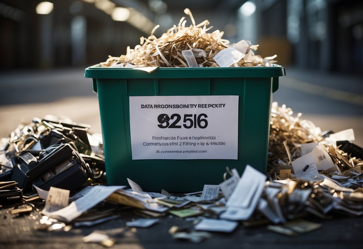 Keywords CSR, data erasure, corporate responsibility. Documents being securely shredded, recycling bins labeled for e-waste, and a corporate social responsibility report displayed prominently