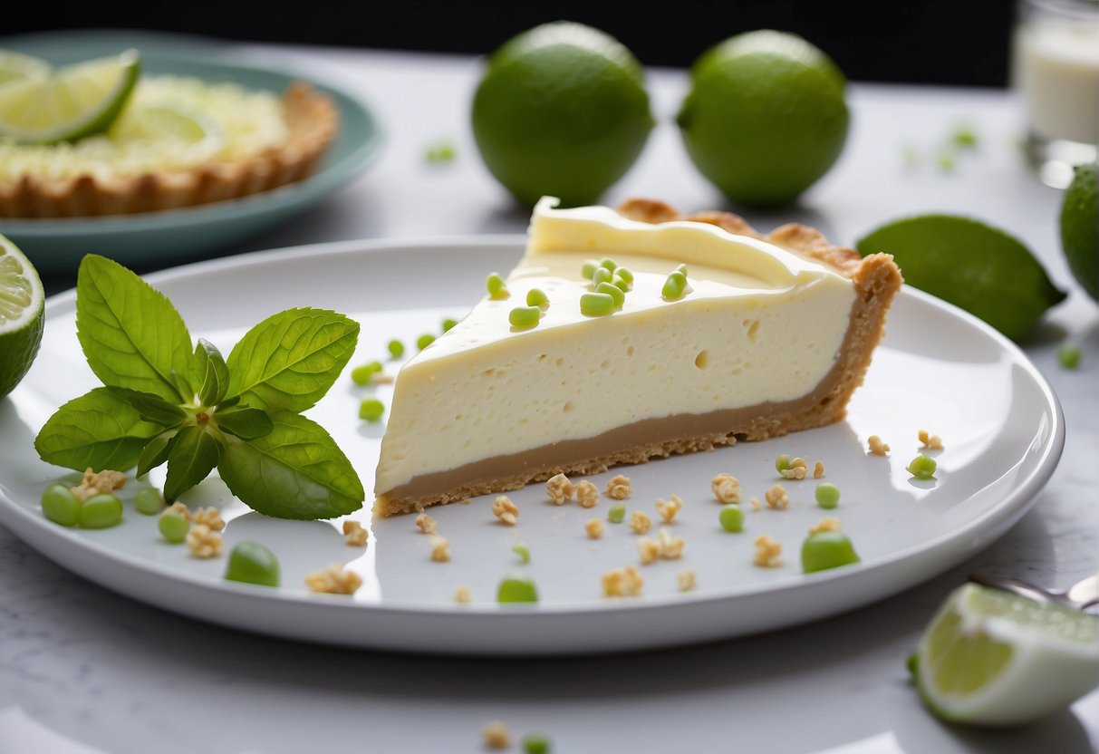 Lime pie ingredients arranged on a clean white surface. Key limes, graham cracker crumbs, sweetened condensed milk, and whipped cream