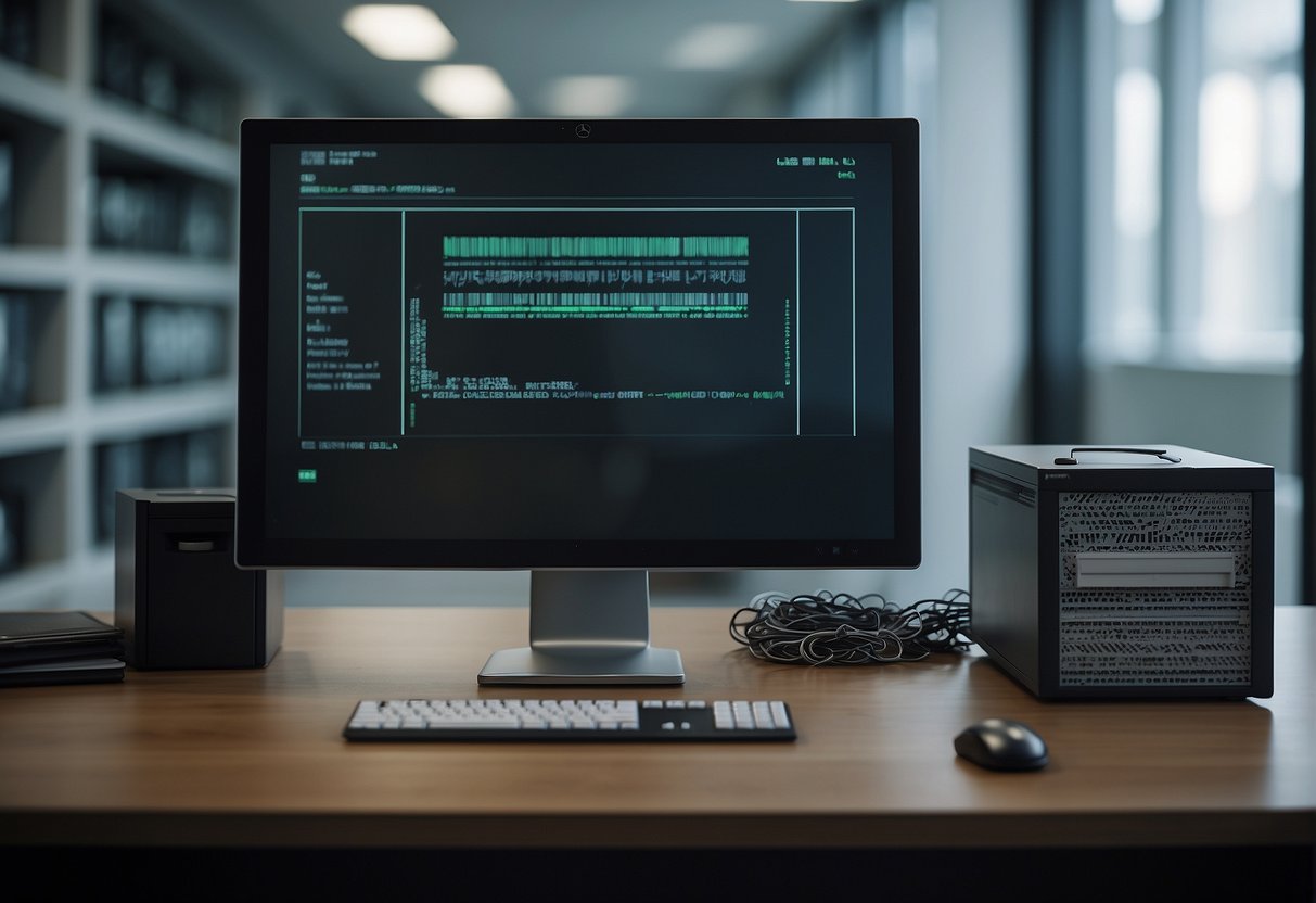 A computer screen showing a progress bar for secure data deletion, with a paper shredder in the background and a locked filing cabinet