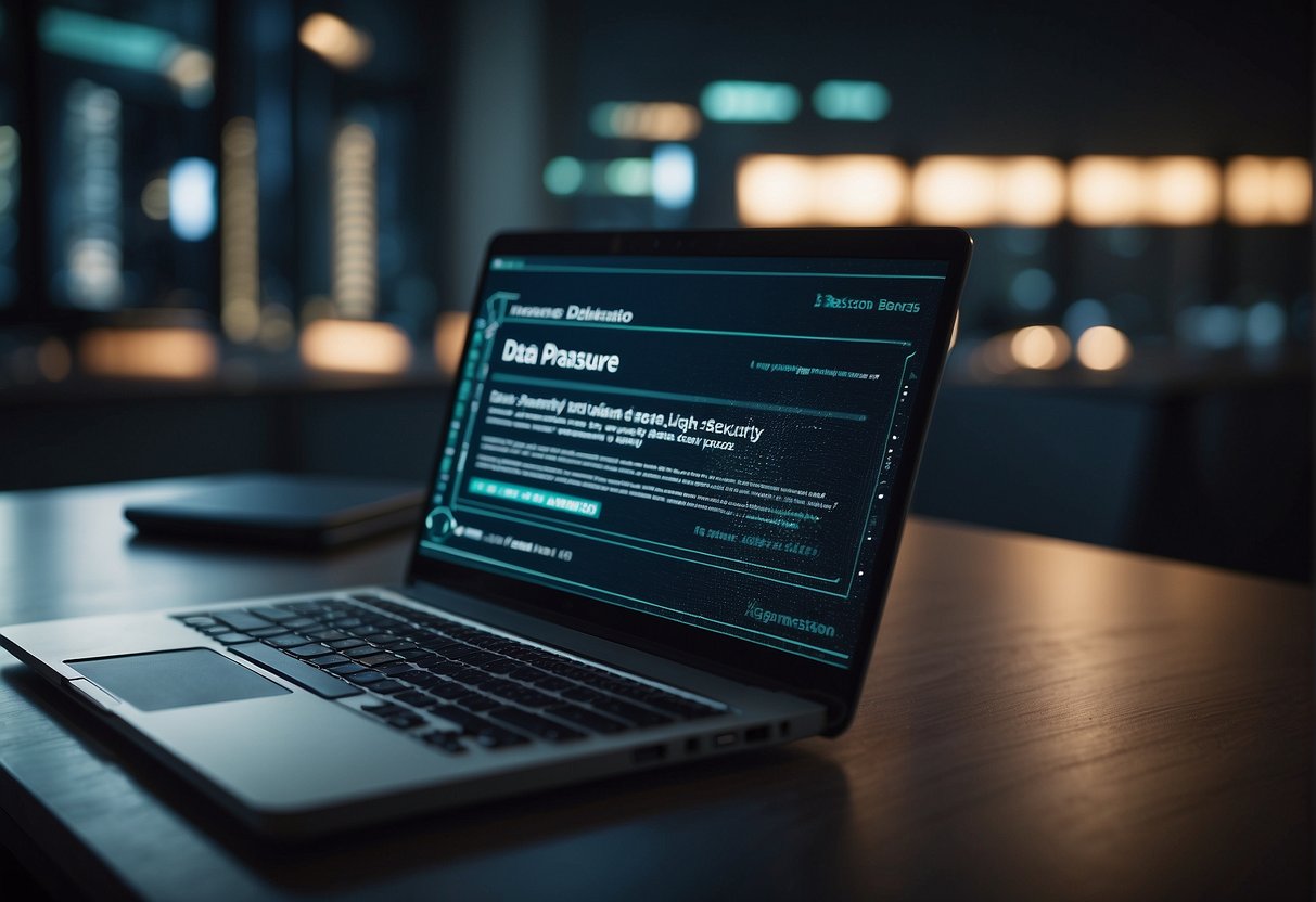 A computer screen displaying a secure data deletion process with keywords like "data erasure mistakes" and "data security best practices" visible