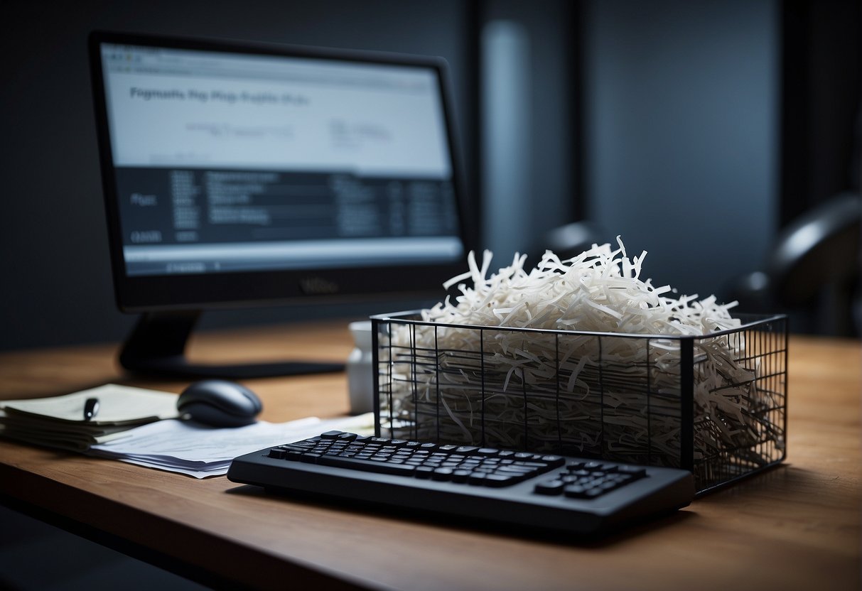 A computer screen showing a prompt for secure data deletion, while a paper shredder sits nearby with shredded documents