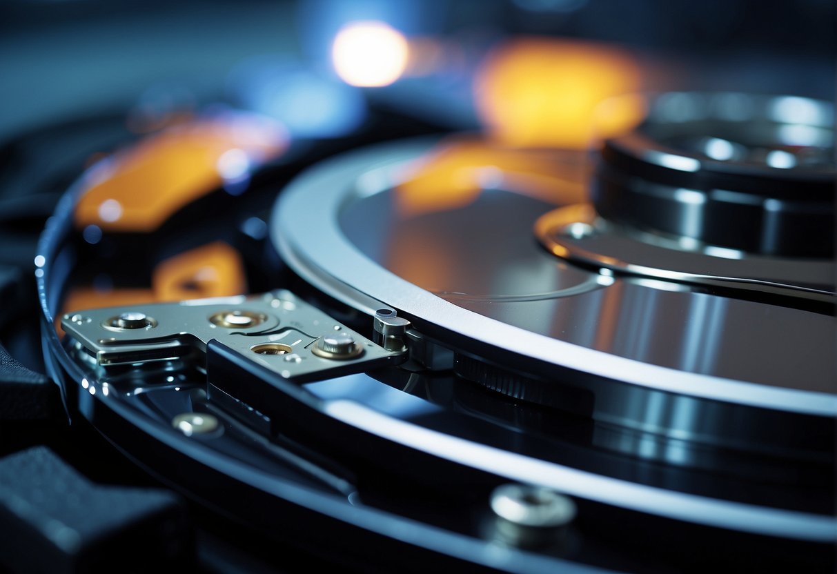 A computer hard drive being wiped clean with a secure data erasure tool, with digital data being visibly erased and replaced with random characters