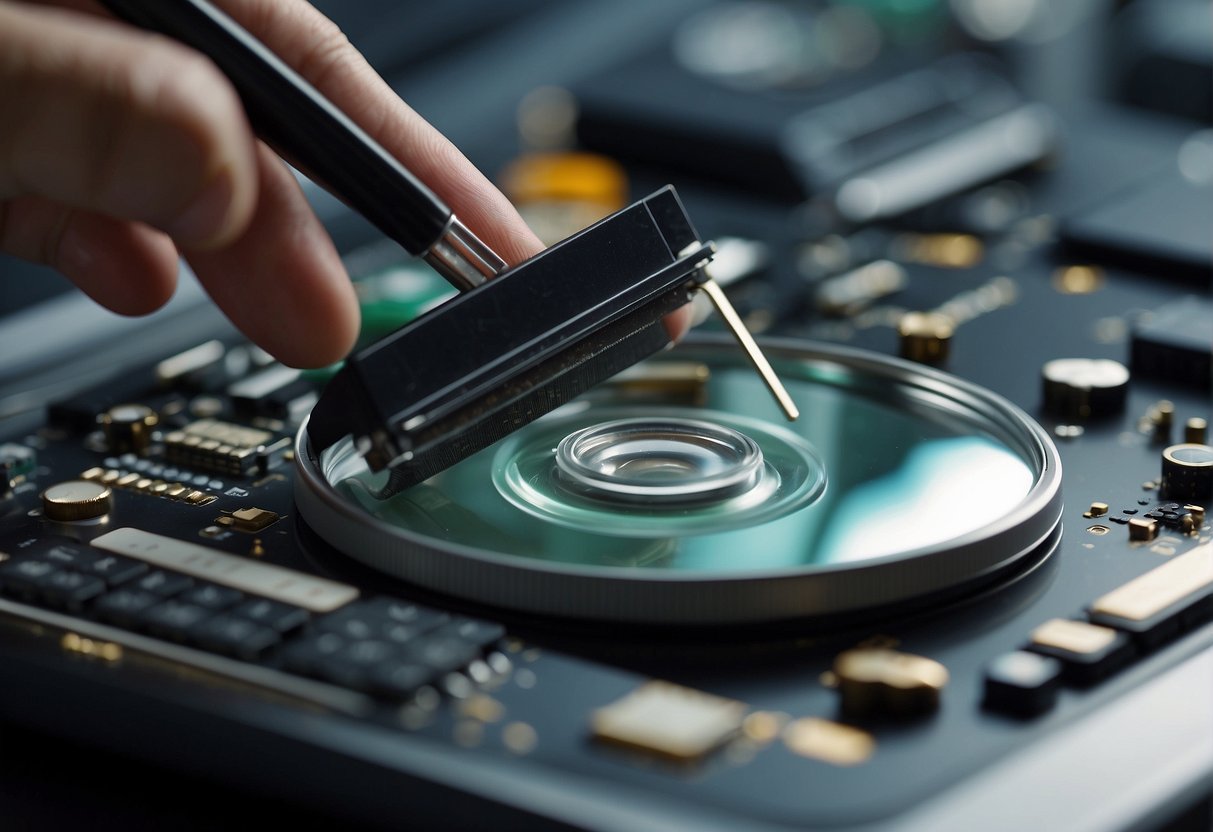 A pile of storage devices being wiped clean, with a computer screen showing data erasure progress. A magnifying glass hovers over the devices, symbolizing the impact on data recovery