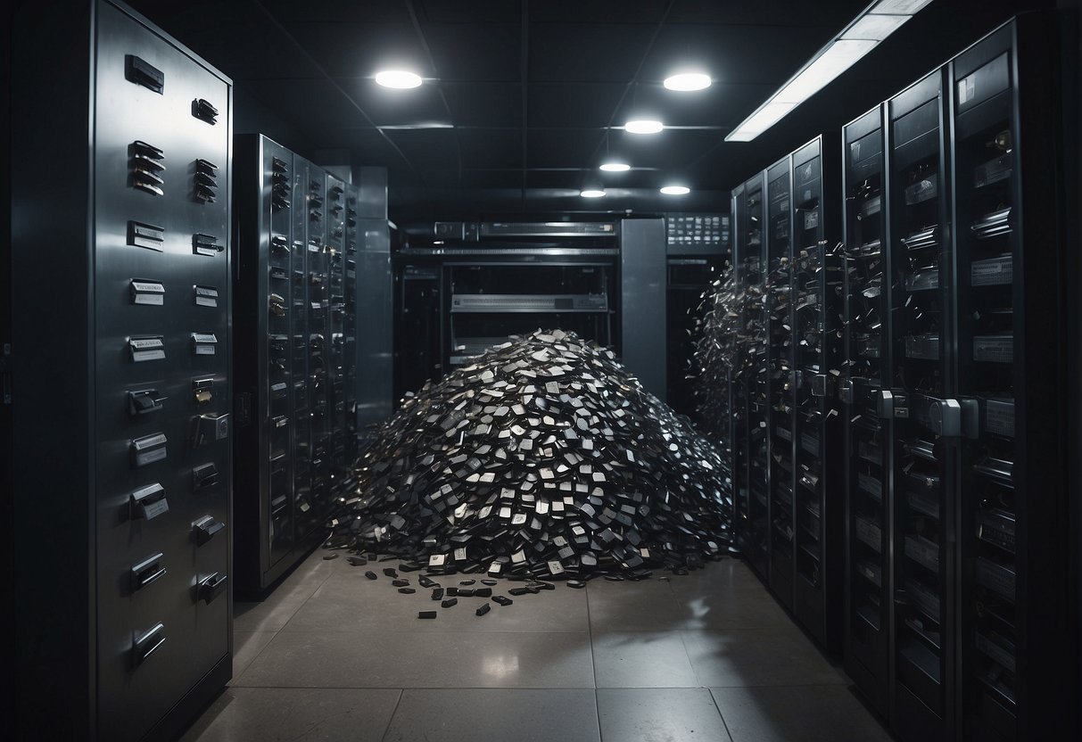 A locked vault with a shredder destroying hard drives, surrounded by digital locks and security cameras
