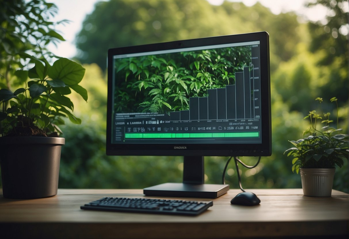 A computer monitor displaying a progress bar as data is being erased. A recycling bin filled with discarded hard drives and electronic equipment. Green plants and trees in the background