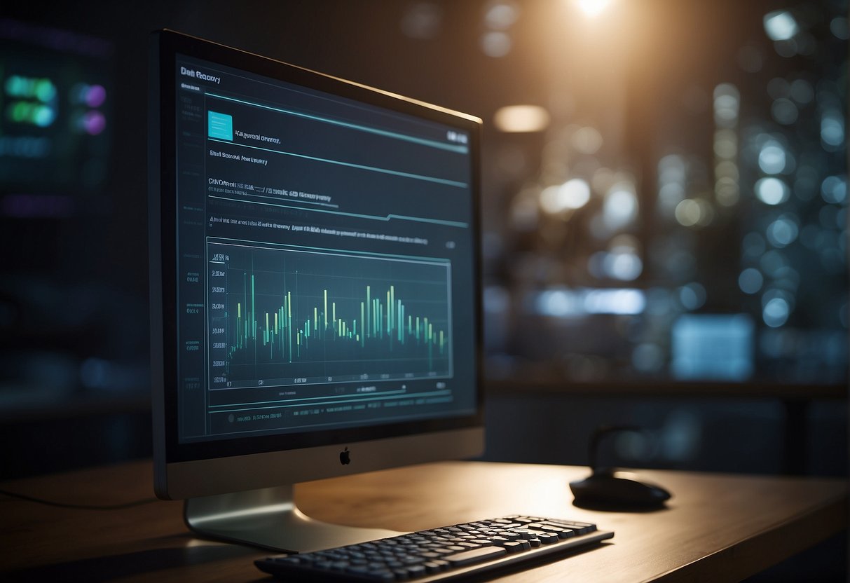 A computer screen shows a progress bar indicating data recovery while another screen displays the impact of secure data erasure with files disappearing