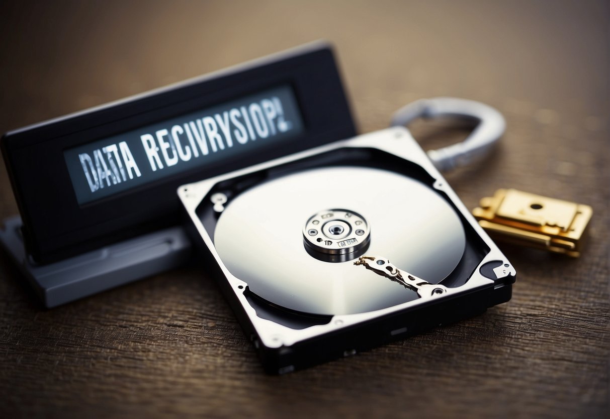 A computer screen displaying "data recovery" and "secure deletion" keywords with a damaged hard drive in the background