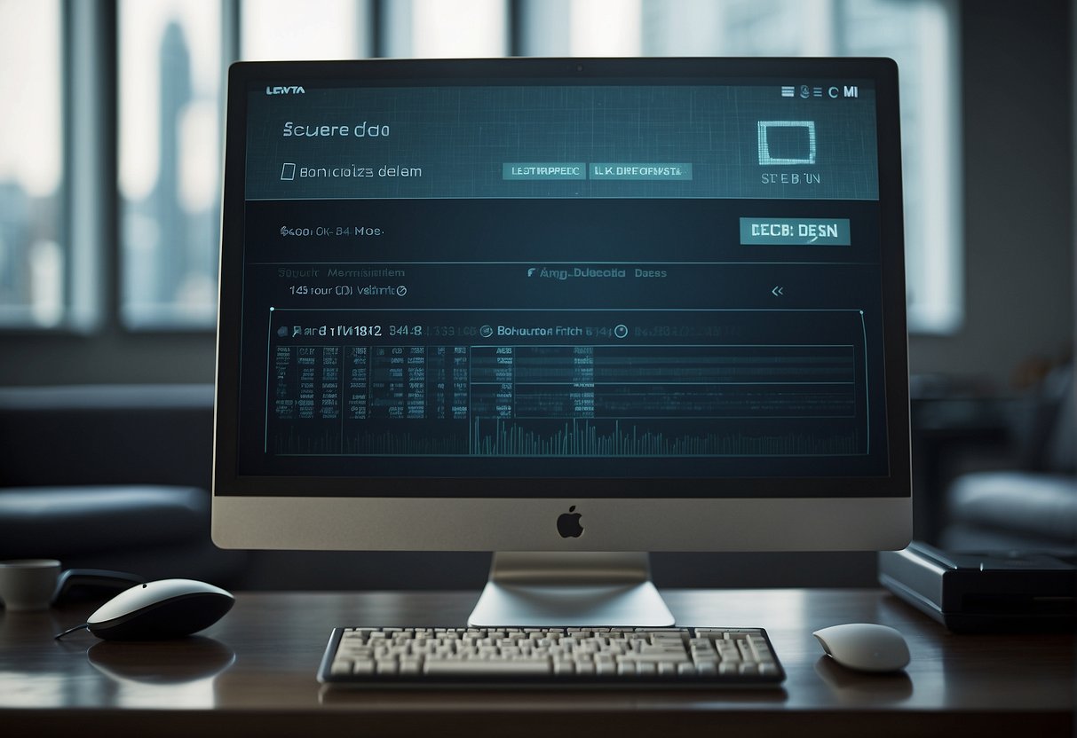 A computer screen displaying a progress bar for secure data deletion, with a shredder icon and "secure deletion" keywords in the background