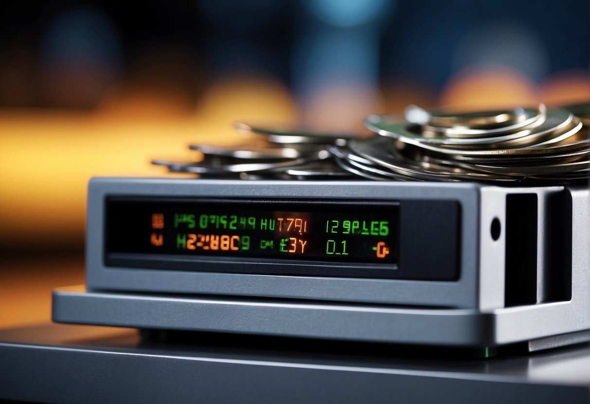 A computer screen displays a progress bar for data recovery. A shredder machine securely erases a stack of hard drives