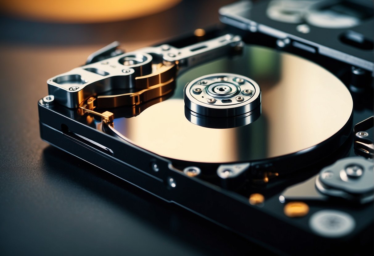 A computer hard drive being securely wiped with a data recovery tool, while a digital lock symbolizes data security and privacy in the background