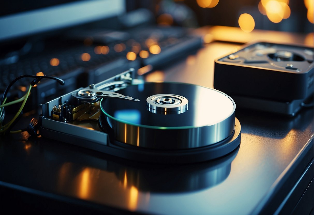 A computer hard drive being wiped clean with a secure deletion tool, while a data recovery software runs in the background