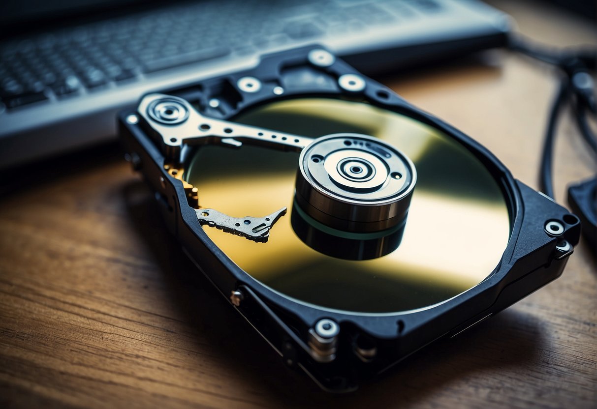 A computer hard drive being wiped clean with a secure deletion tool, data recovery software in the background