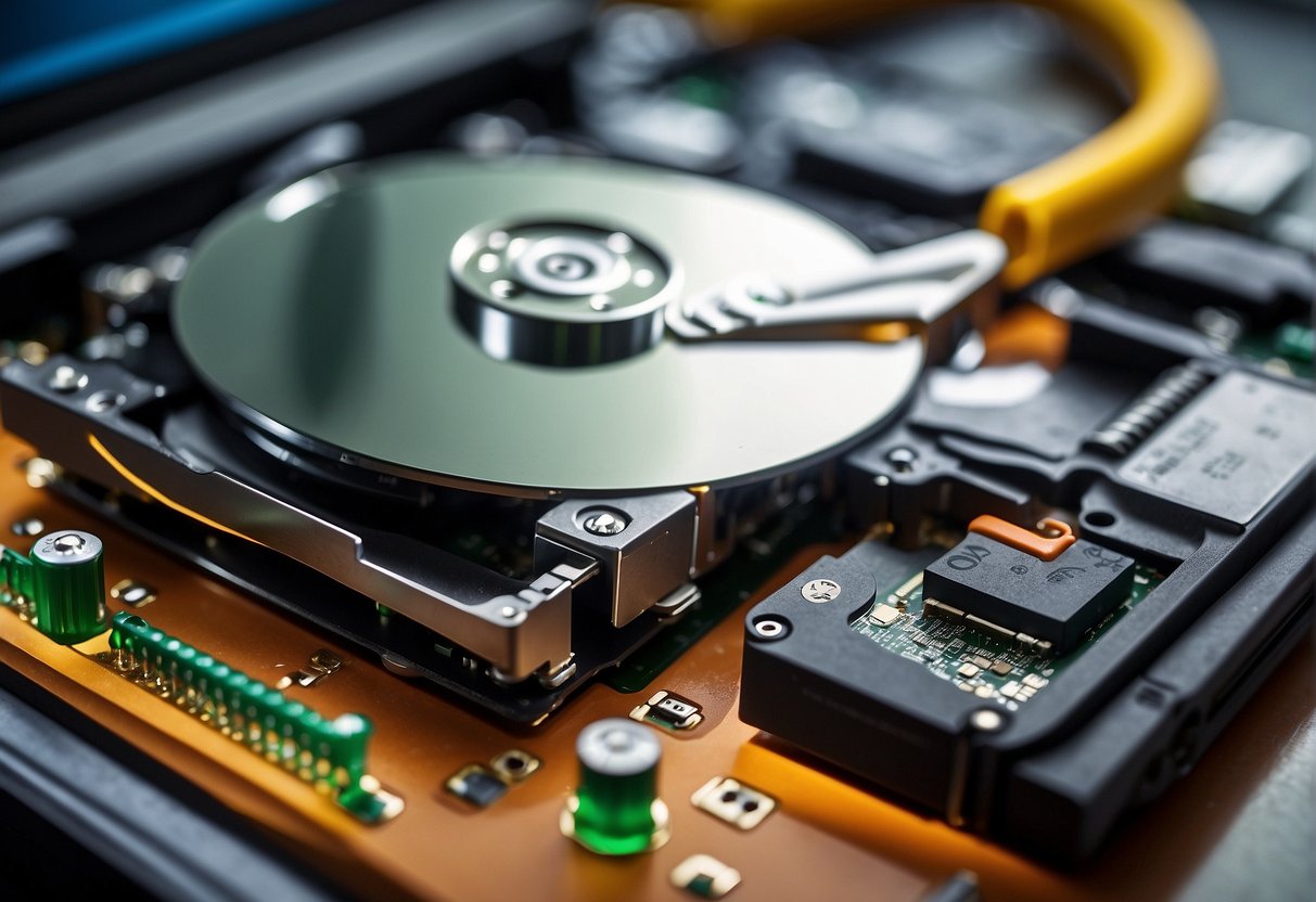 A computer hard drive being securely wiped clean, with data recovery and data erasure tools in the background