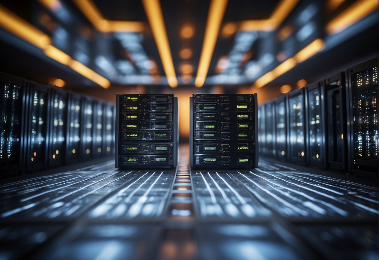 Multiple servers with data being wiped clean, clouds in the background