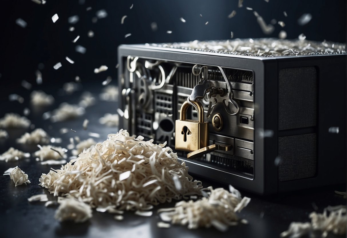 A cloud server with a lock and key, surrounded by documents being shredded into pieces