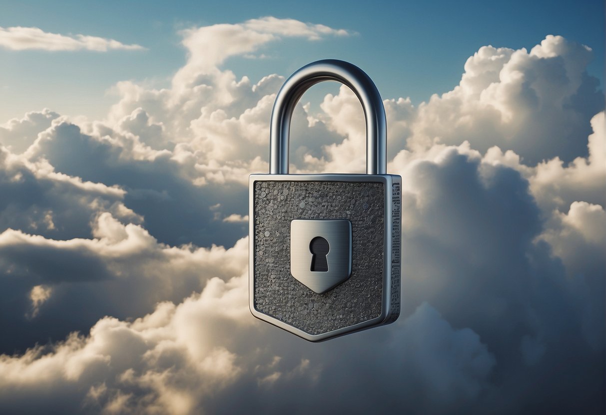 A padlock icon hovering over a cloud with a shield around it, and a delete symbol erasing data within the cloud