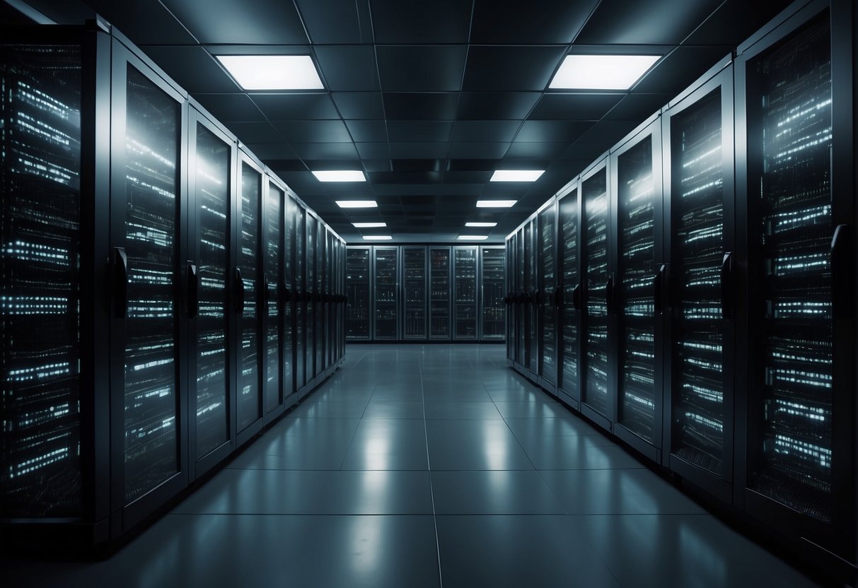 A server room with multiple racks of cloud servers being wiped clean with a secure data erasure process