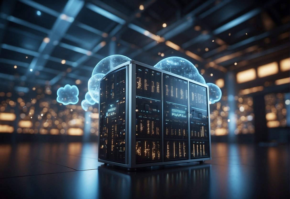 A futuristic cloud server surrounded by data erasure algorithms and security protocols, with a digital lock symbolizing data protection