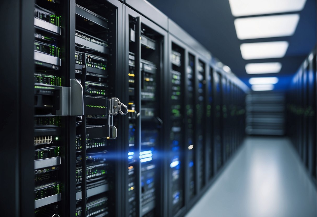 A server room with servers being wiped clean, a padlock on a cloud, and a shield protecting data in the cloud