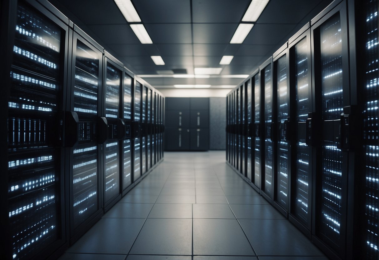 A server room with locked cabinets, a secure cloud network, and a data erasure process in action